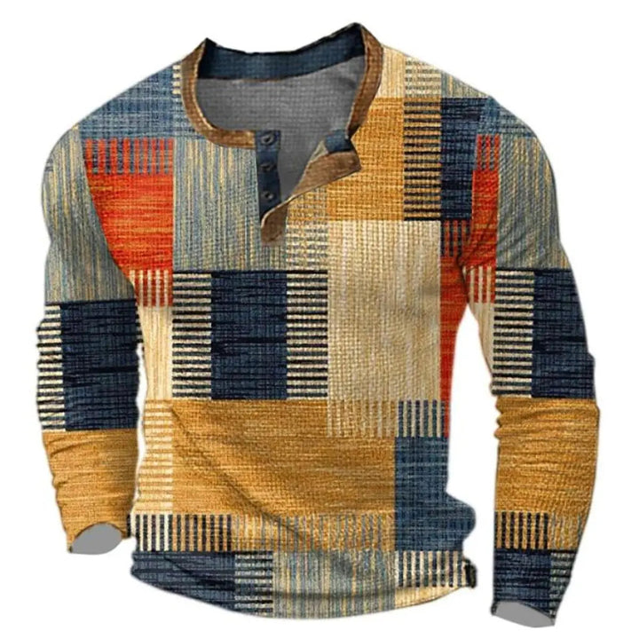Men's retro color block long sleeve Henley sweater in vintage style patchwork for casual wear.