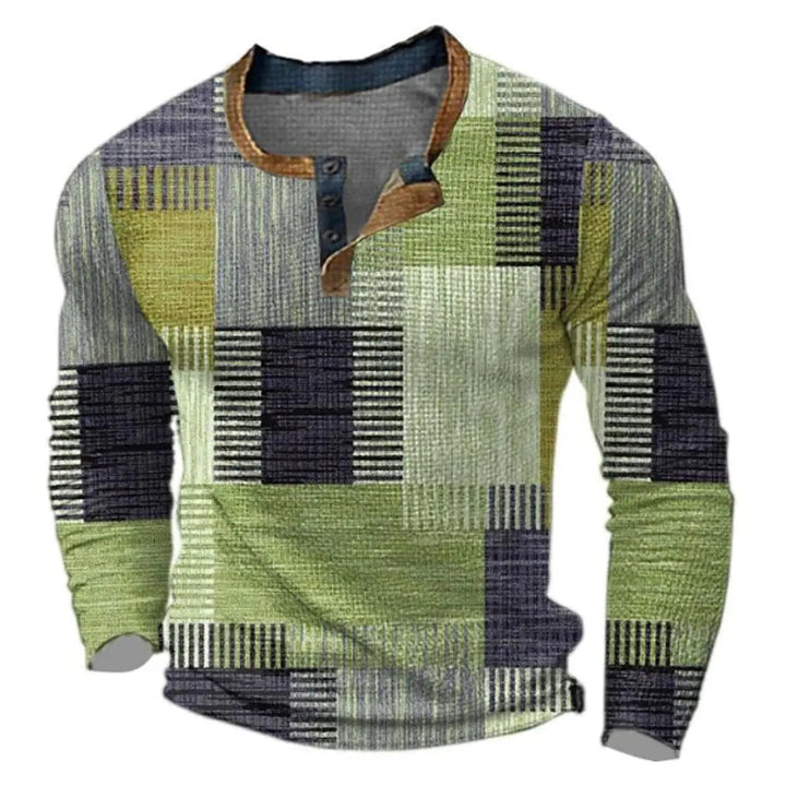 Stylish men's retro color block Henley top, a long sleeve patchwork sweater perfect for vintage fashion.
