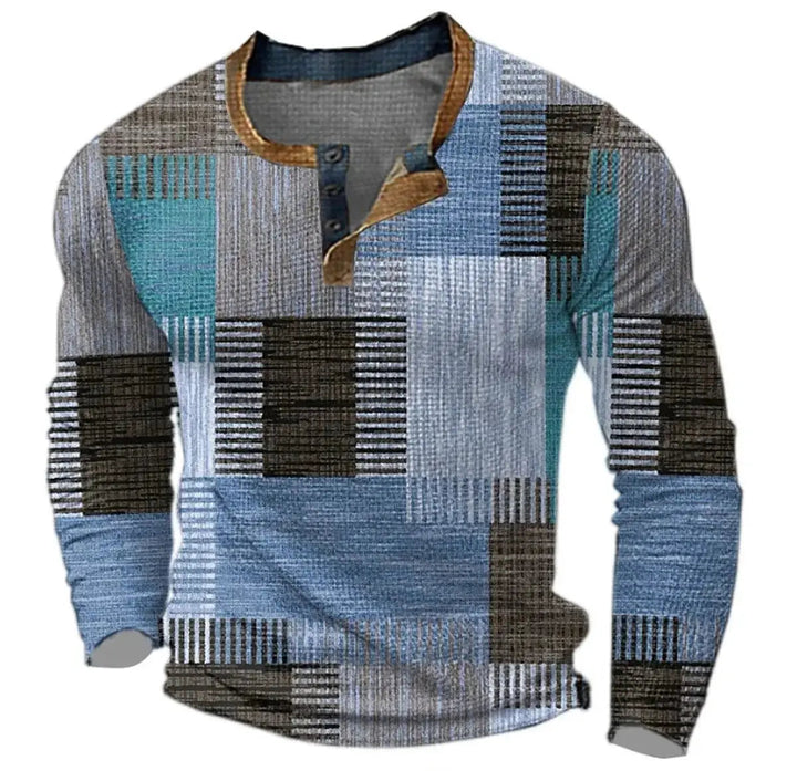 Mens color block long sleeve Henley sweater, a cozy retro top with patchwork design for casual fashion.