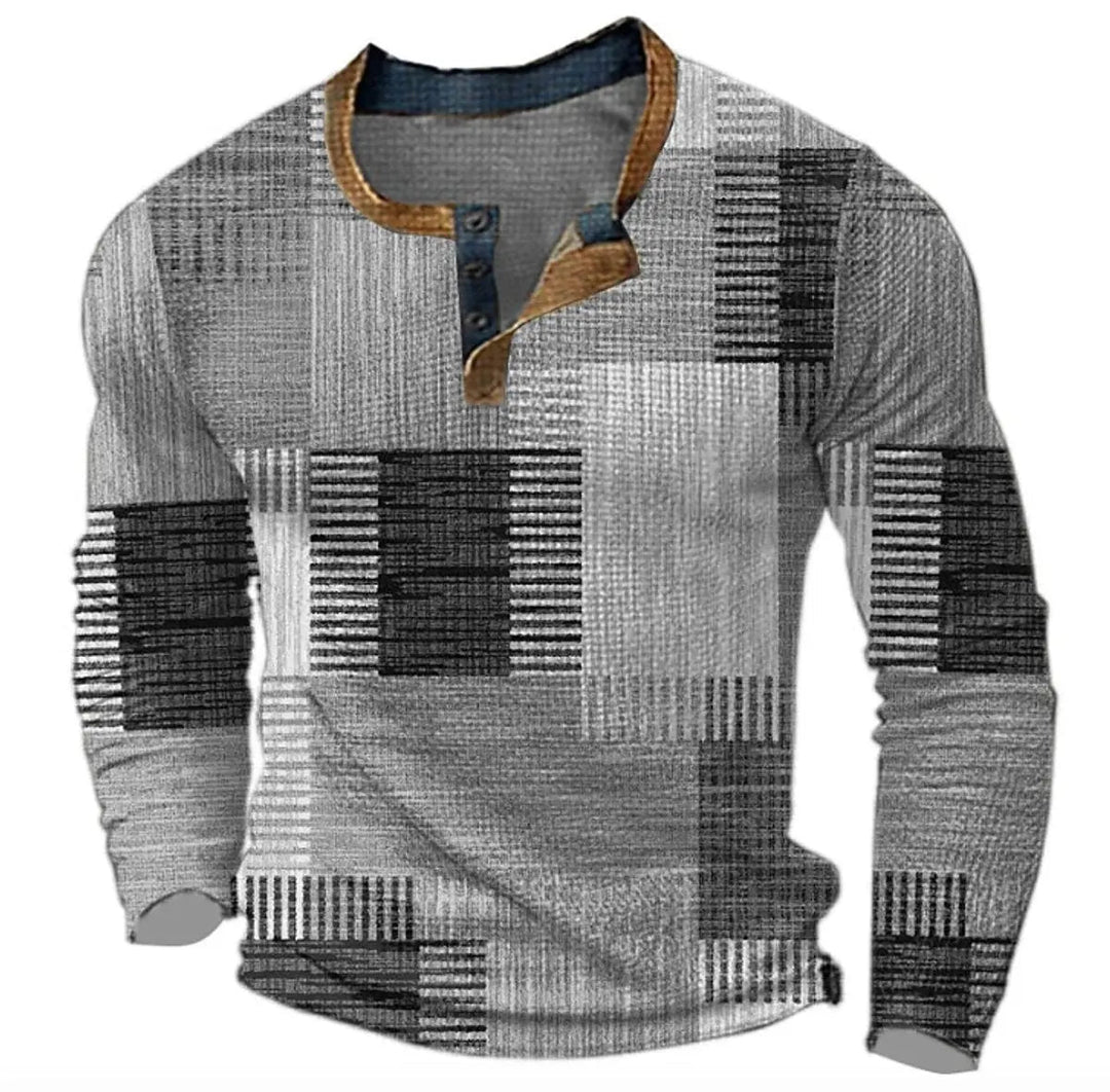 Trendy men's retro long sleeve Henley sweater featuring a unique color block design for stylish casual wear.