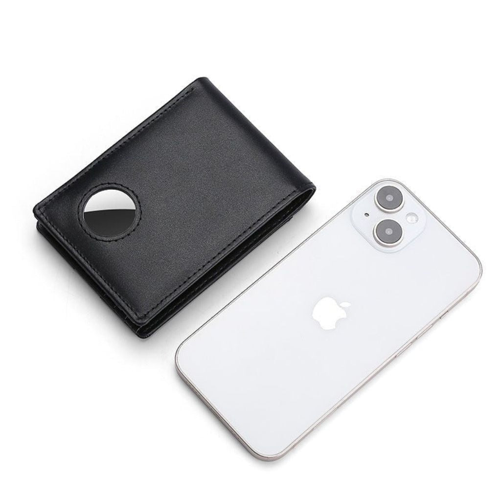 Men's RFID-Blocking Leather Wallet with AirTag holder, featuring premium leather, sleek design, card slots, and cash compartm