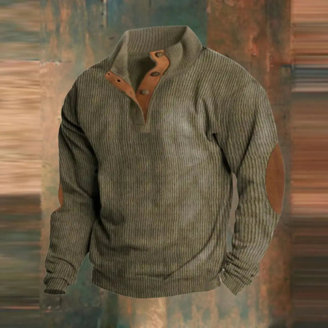Men's retro ribbed knit quarter-snap pullover sweater with elbow patches for vintage-inspired casual wear.