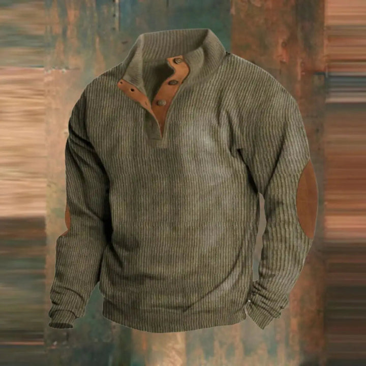 Men's retro ribbed knit quarter-snap pullover sweater with elbow patches for vintage-inspired casual wear.