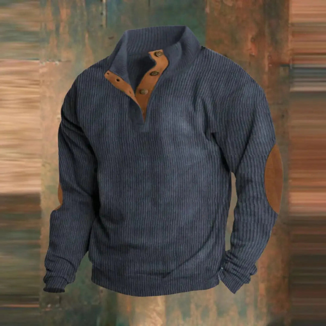 Comfortable men's retro knit pullover sweater, quarter-snap design & elbow patches. Perfect for fall/winter fashion.