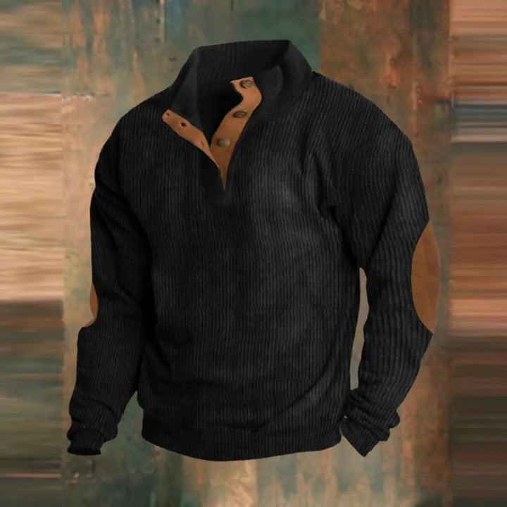 Retro men's ribbed knit quarter-snap pullover with elbow patches. Vintage-inspired casual men's sweater for winter.