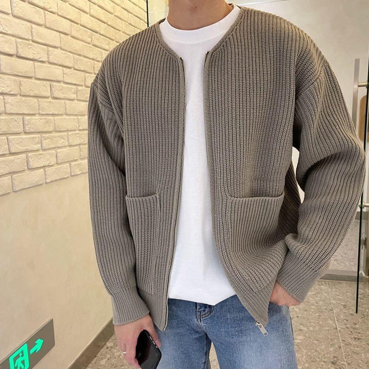 "Men's round neck cardigan jacket front view, stylish button-down, soft fabric, perfect for casual or formal wear."