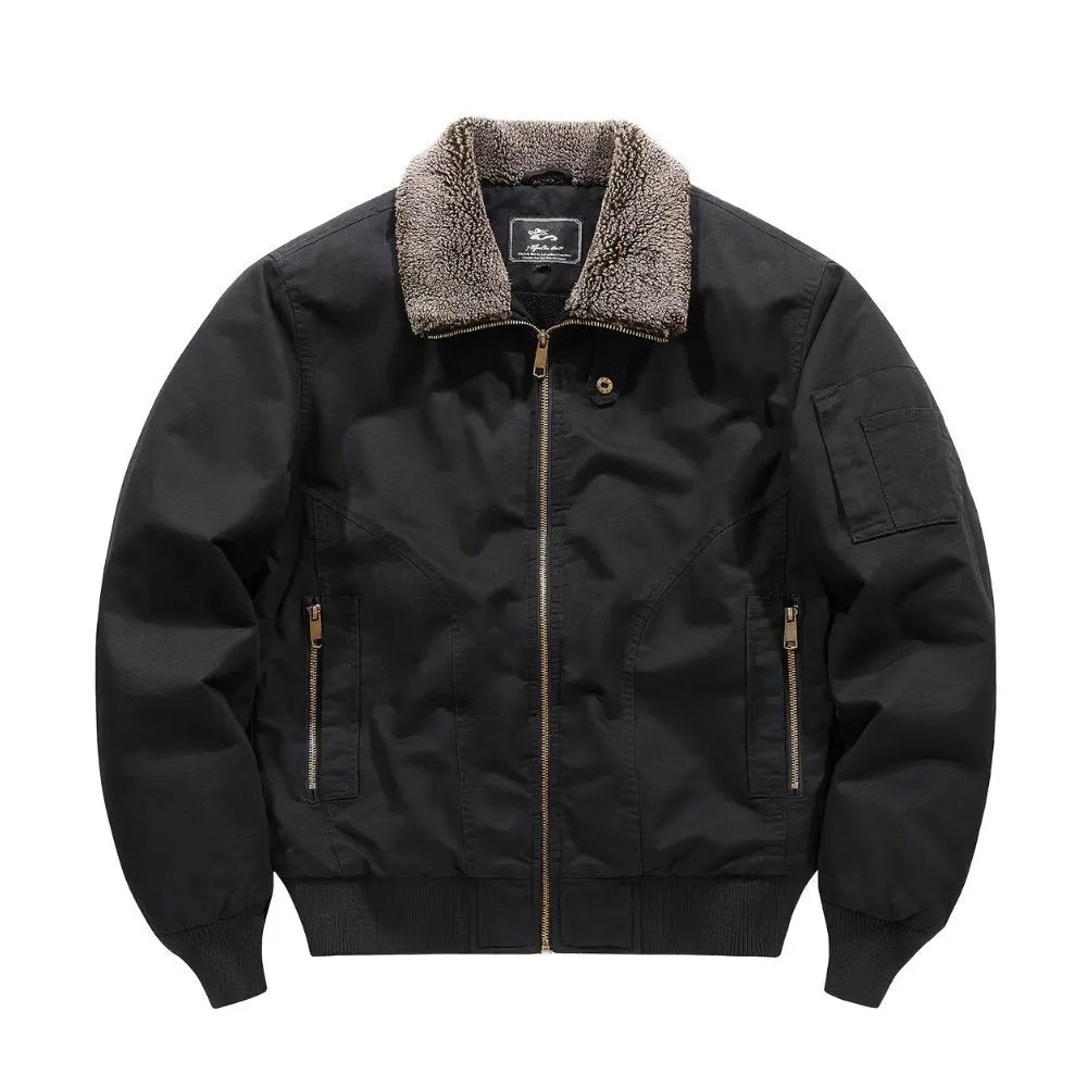 Men's warm bomber jacket with sherpa collar, zip front, & ribbed hem for urban winter style.