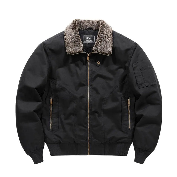 Men's warm bomber jacket with sherpa collar, zip front, & ribbed hem for urban winter style.