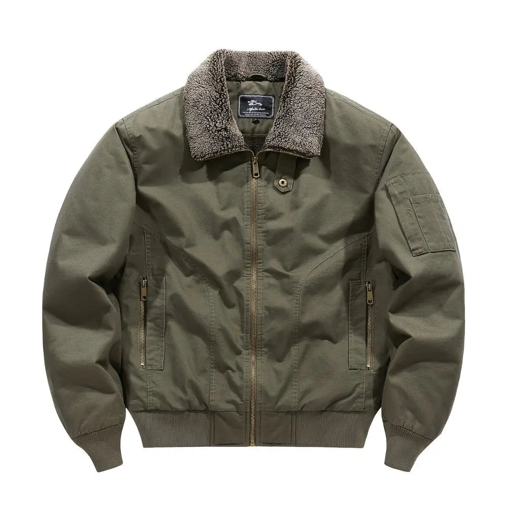 Cozy men's collared bomber jacket, soft sherpa collar, long sleeves, full zip, perfect for cold weather.