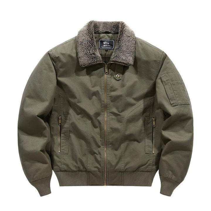 Cozy men's collared bomber jacket, soft sherpa collar, long sleeves, full zip, perfect for cold weather.
