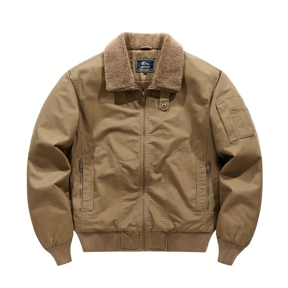 Stylish men's winter bomber jacket featuring a sherpa collar, zip front, and ribbed hem for casual wear.