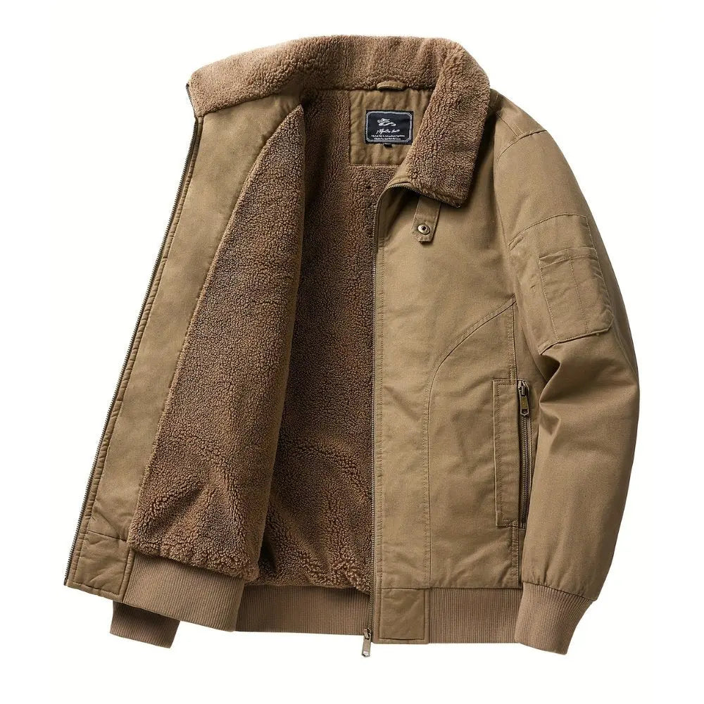 Men's urban bomber jacket with warm sherpa collar, full zip closure, and ribbed cuffs, essential outerwear.