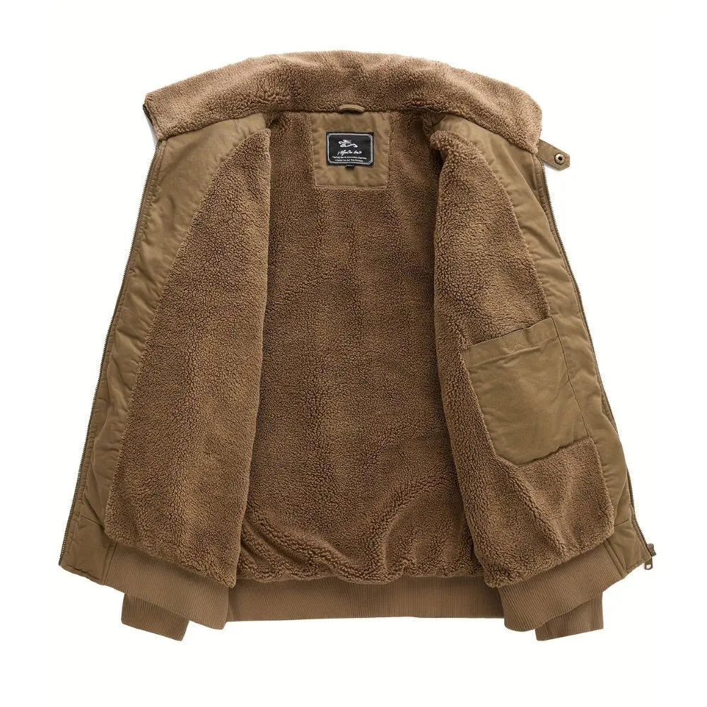 Warm men's fashion collared bomber jacket with practical zip front & cozy sherpa for cold weather.
