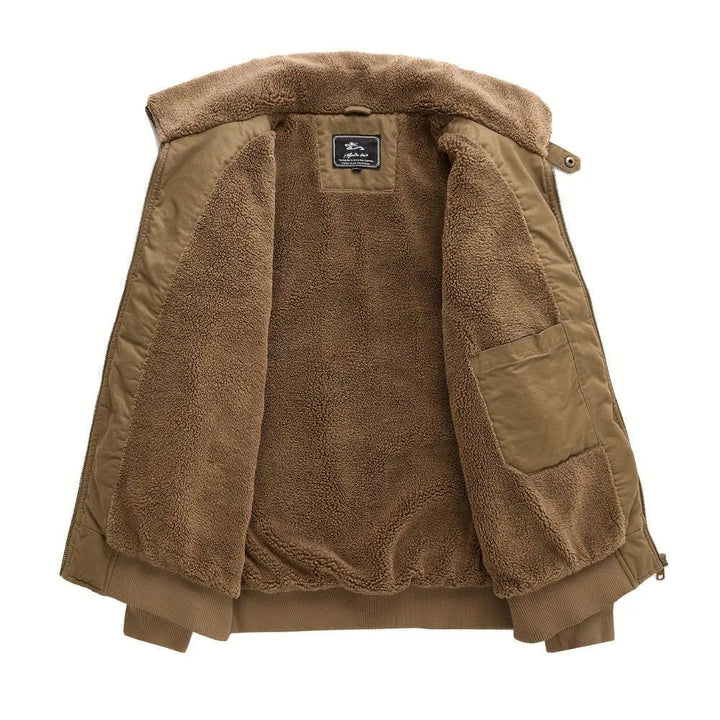 Warm men's fashion collared bomber jacket with practical zip front & cozy sherpa for cold weather.
