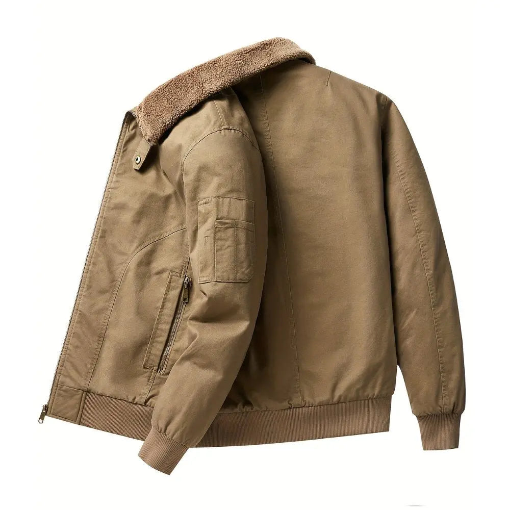 Classic men's casual bomber jacket, warm, with sherpa collar, zip front, and ribbed details for winter.