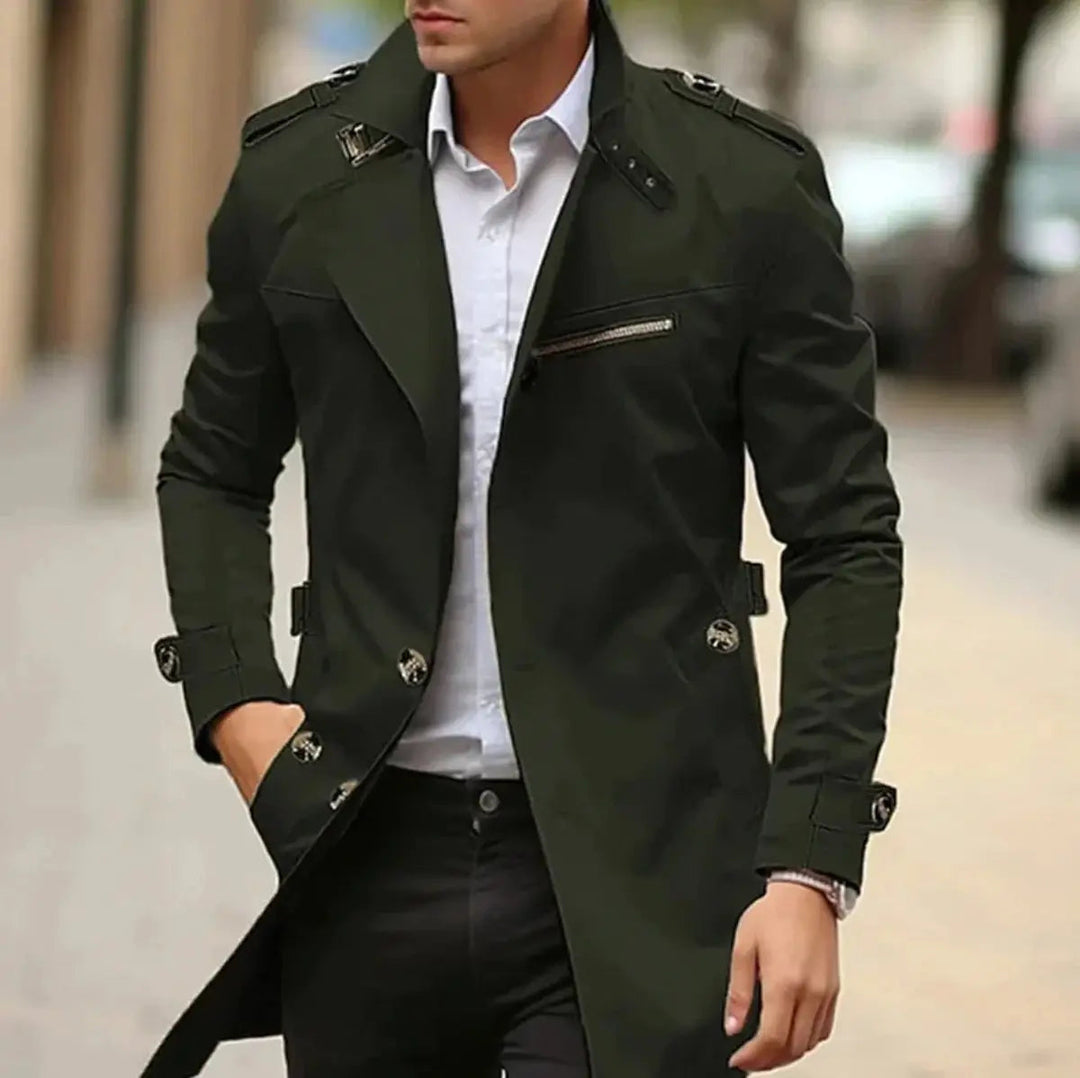 Modern men's slim-fit trench jacket with a stylish belt, suitable for office wear or smart casual autumn outfits.