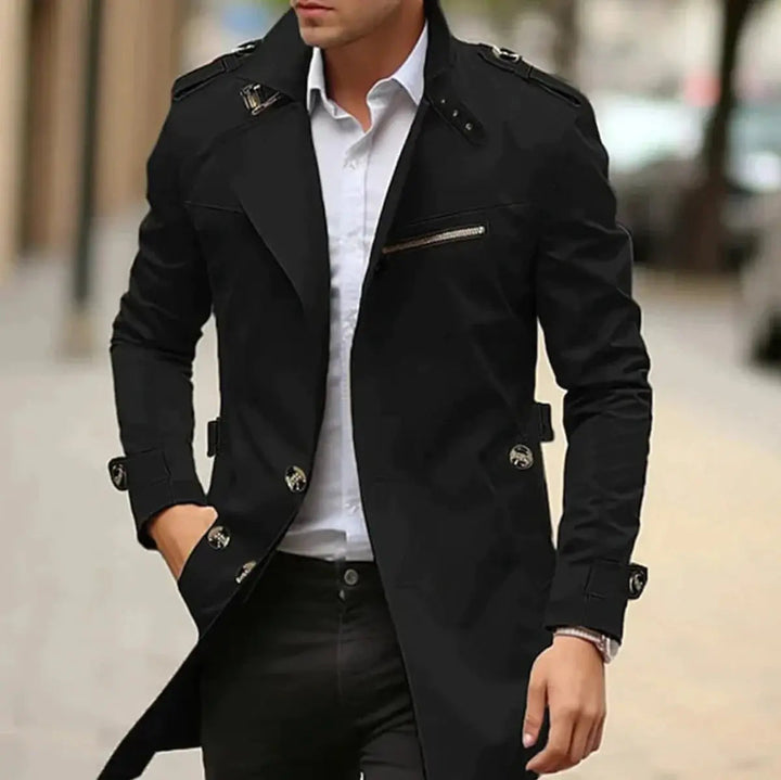 Sophisticated men's long belted trench coat, offering a sharp slim fit for professional business or elegant city attire.
