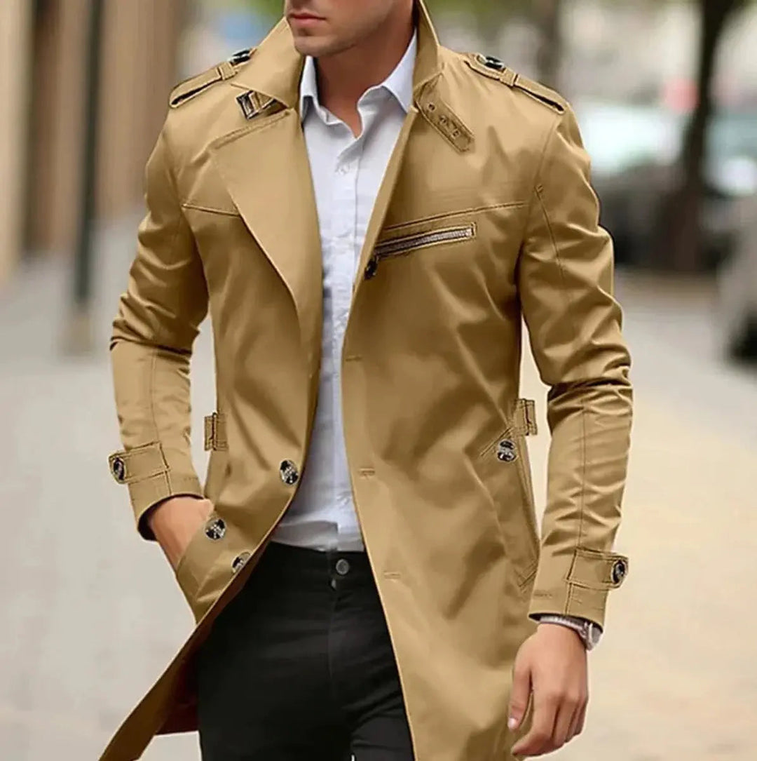 Stylish men's slim-fit belted trench coat in dark color, a versatile tailored jacket for autumn and winter outerwear.