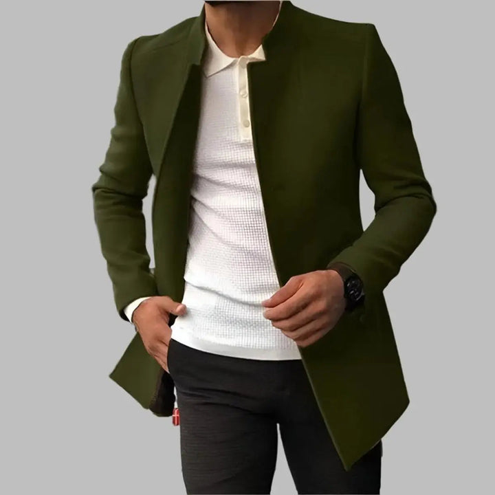 Men's slim-fit collarless overcoat, perfect for smart winter layering & elegant formal outerwear.