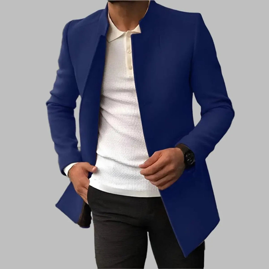 Tailored men's collarless overcoat. A sophisticated slim-fit outerwear piece for smart fashion & formal events.