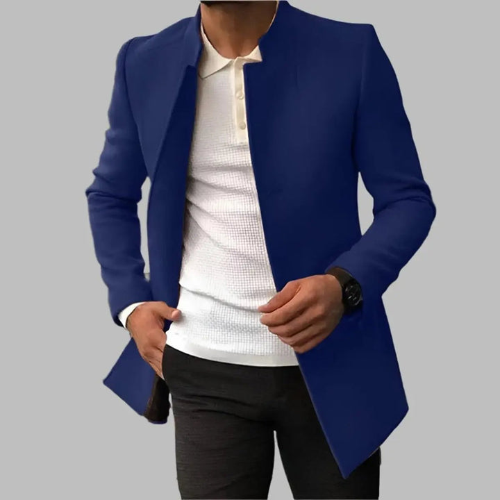 Tailored men's collarless overcoat. A sophisticated slim-fit outerwear piece for smart fashion & formal events.