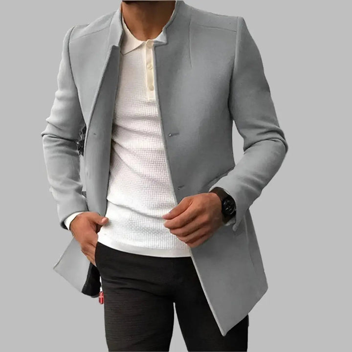 Elegant men's collarless overcoat. Slim-fit formal outerwear, ideal for modern smart styling and winter fashion.