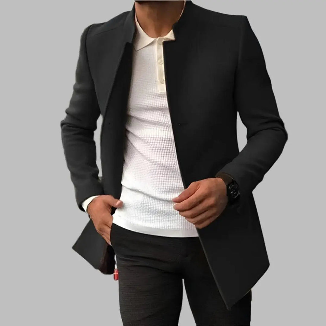 Men's slim-fit collarless formal overcoat, designed for smart styling. Elegant tailored winter outerwear for fashion.