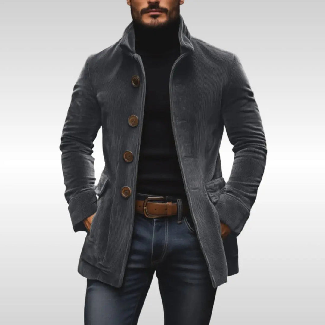 Stylish men's slim-fit stand-collar button-up jacket, perfect for smart casual autumn & winter outerwear.