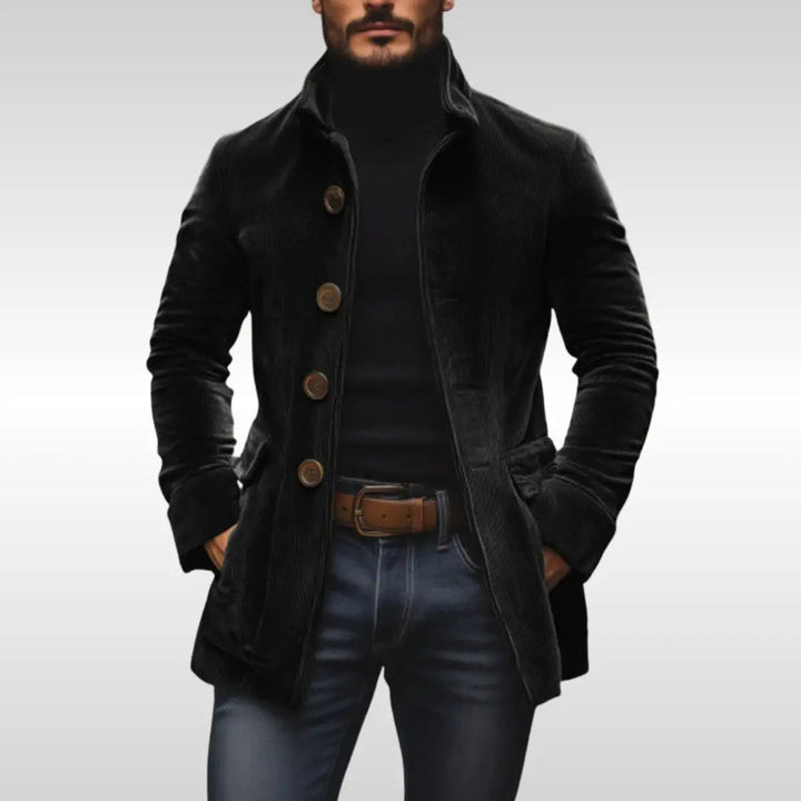 Versatile men's slim-fit stand-collar jacket, button-up style for casual or smart casual autumn fashion.