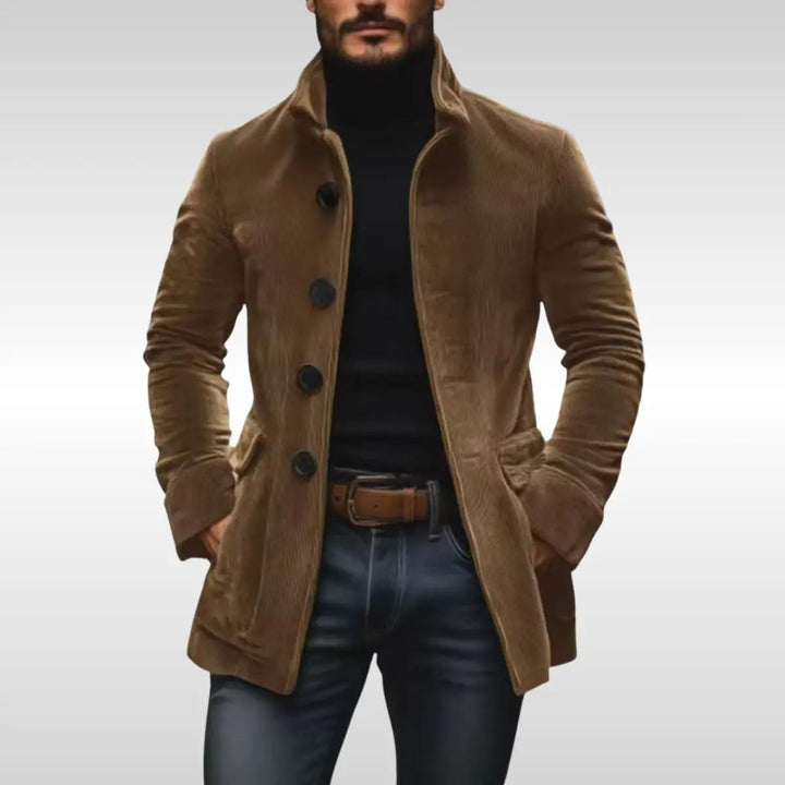 Modern men's slim-fit button-up jacket with a sleek stand collar, ideal for stylish autumn & winter outerwear.