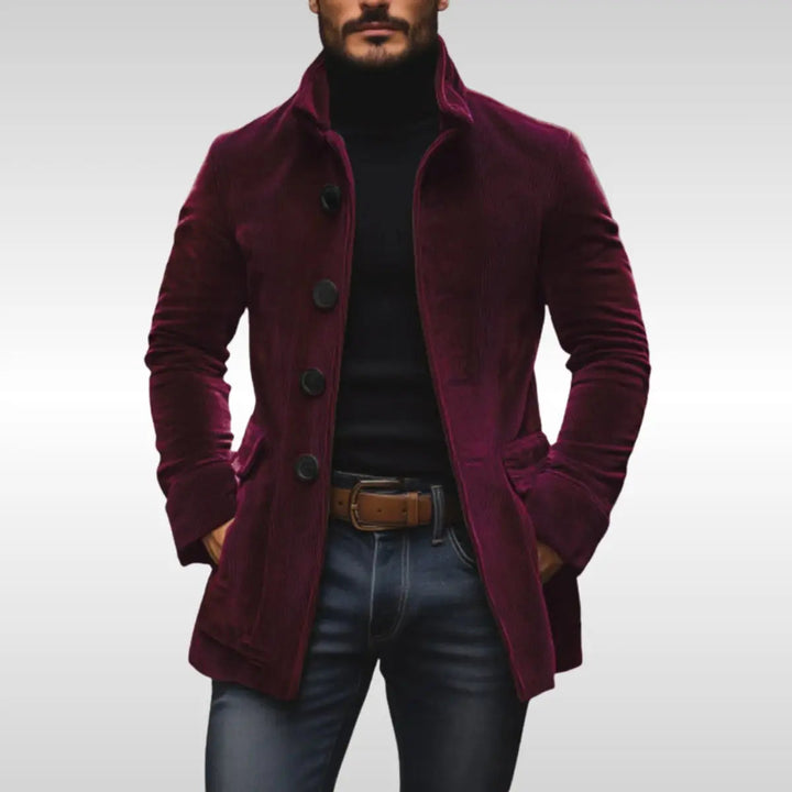Elegant men's slim-fit stand-collar jacket, a button-up outerwear piece for chic autumn and winter men's fashion.