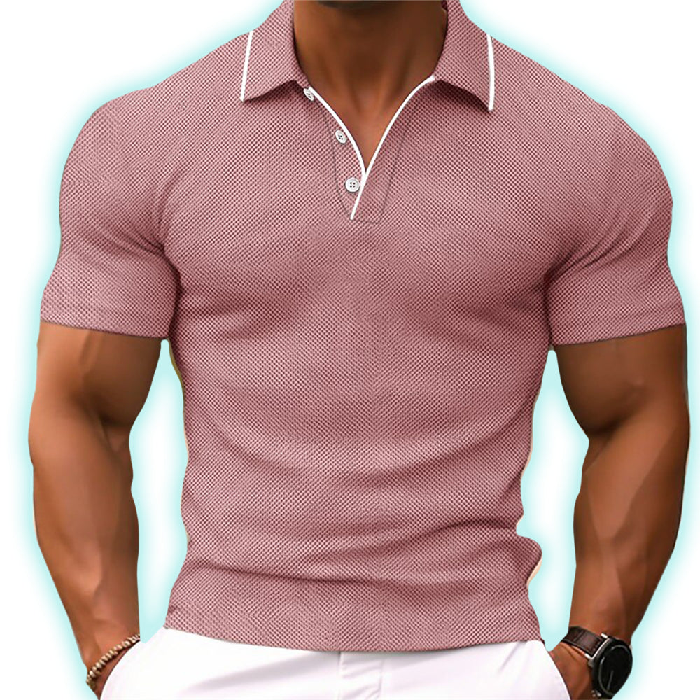 Men's slim fit polo shirt in blue, showcasing a tailored silhouette with a classic collar and button placket for elegant styl
