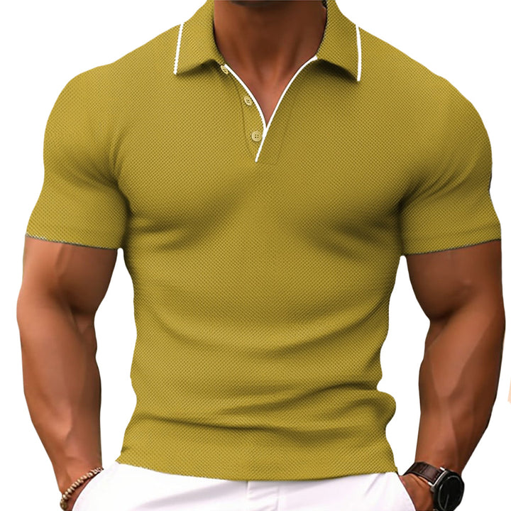 Men's slim fit polo shirt in blue, showcasing a tailored silhouette with a classic collar and button placket for elegant styl