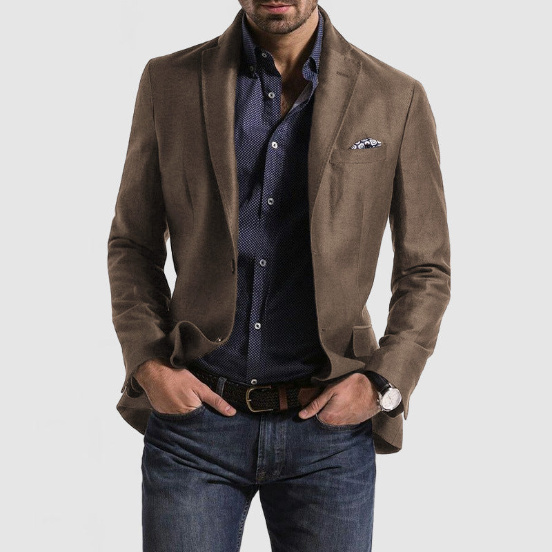 "Men's slim fit wool blend suit jacket with notch lapel; elegant navy blue blazer for formal events; tailored style."