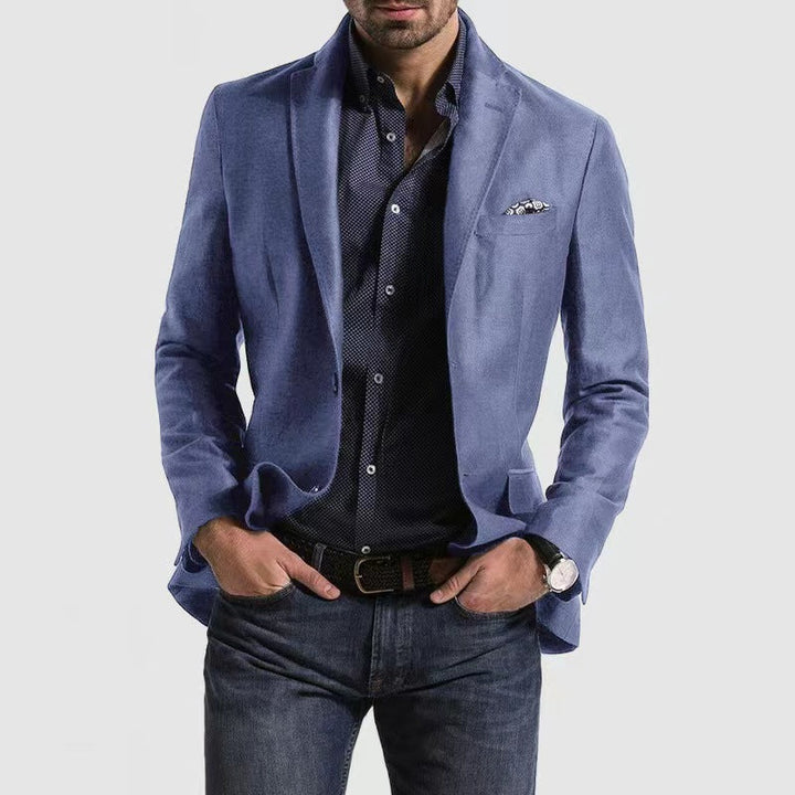 "Men's slim fit wool blend suit jacket with notch lapel; elegant navy blue blazer for formal events; tailored style."
