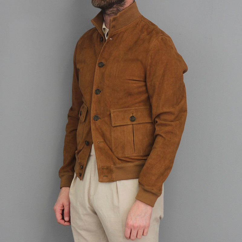 Men's slim suede jacket with stand collar, button front, and flap pockets. Tailored fit, perfect for casual and semi-formal w