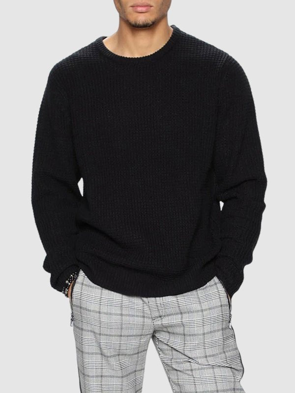 Cozy men's oversized crew neck waffle knit sweater, ideal for winter fashion & comfort.