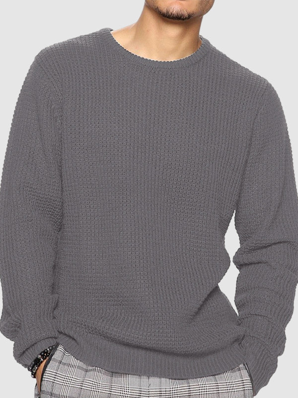 Front view of men's oversized crew neck waffle knit sweater, showcasing texture.