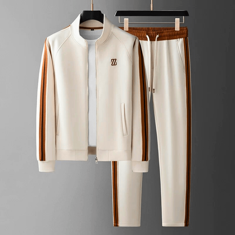 "Men's sporty tracksuit set lycra fabric, sleek lines, stripe accents, tailored fit, showcasing athletic physique."