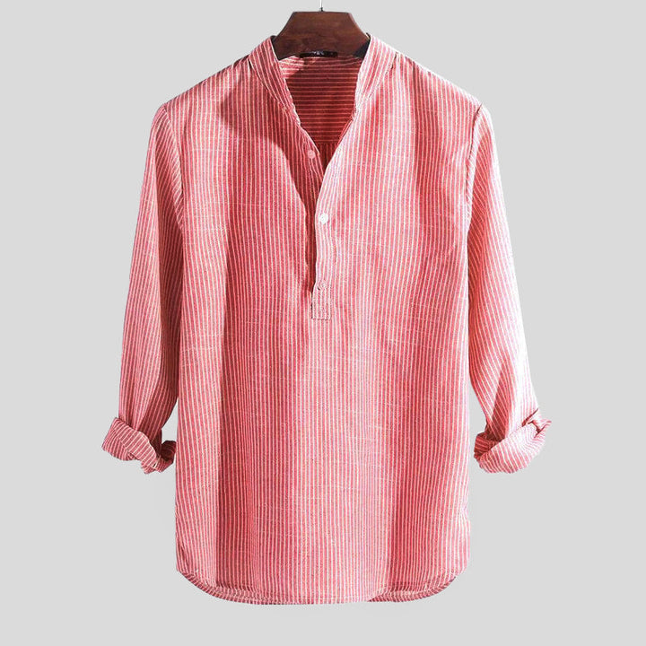 "Men's striped cotton linen Henley shirt, long sleeve, band collar, front view showing stripes and relaxed fit."