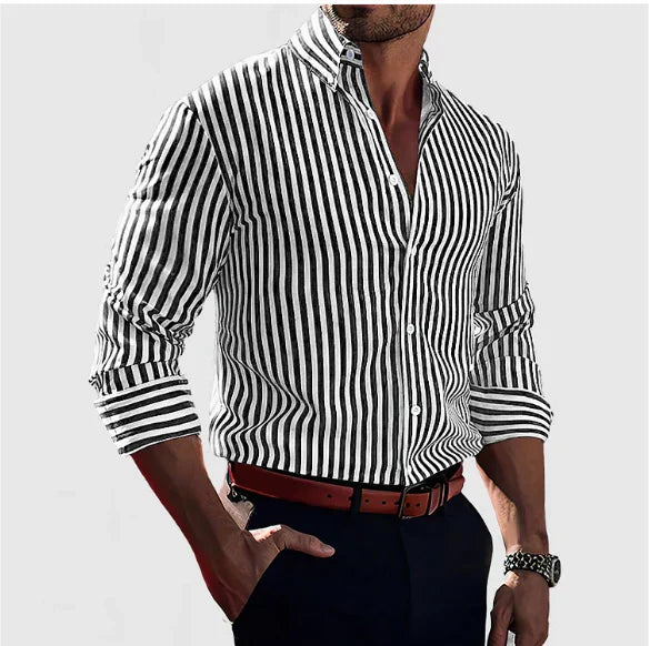 Men's striped long-sleeve shirt with a classic fit, featuring blue and white stripes, perfect for both casual and formal occa