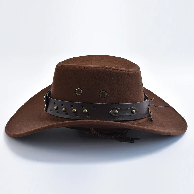 Versatile men's classic wide brim cowboy hat, a stylish accessory for sun protection and travel.