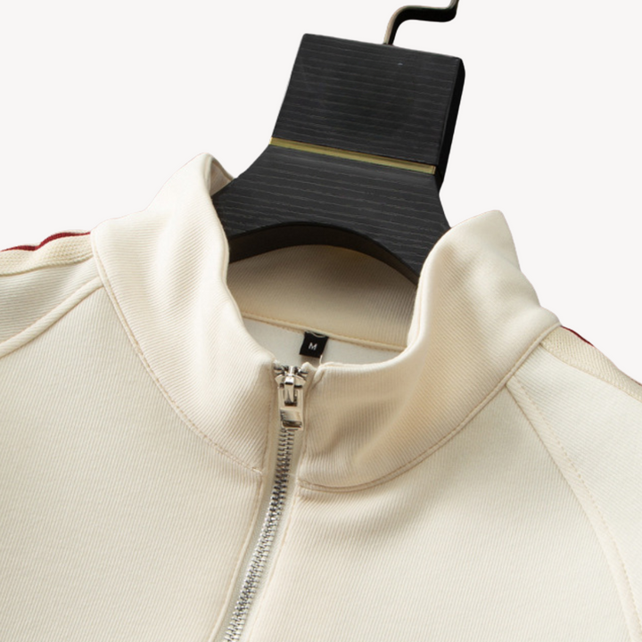 Men's stylish cotton tracksuit set with zip-up hoodie and joggers in neutral colors; perfect for casual wear and lounging.