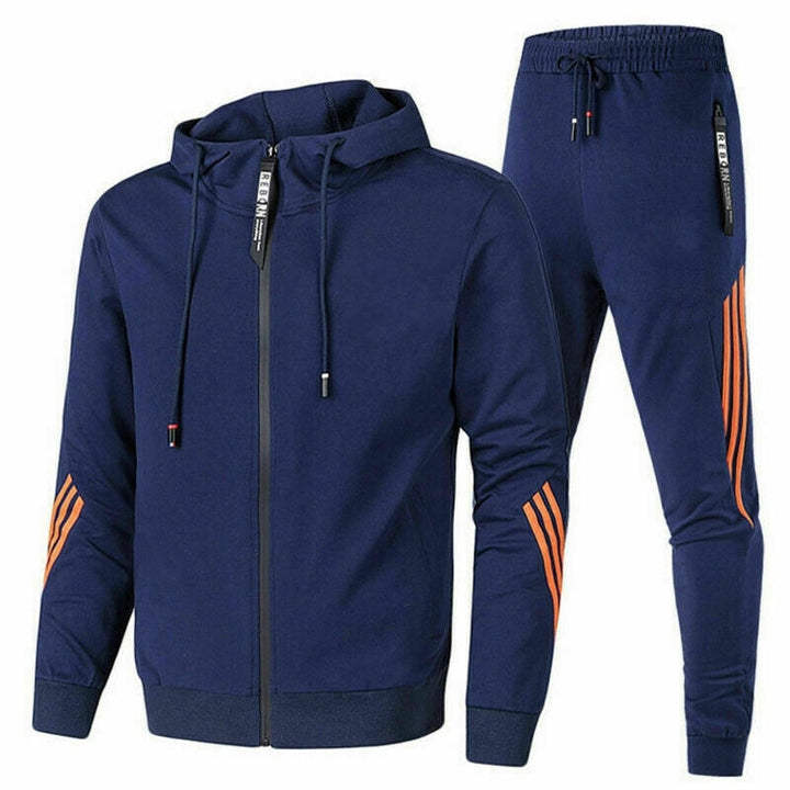"Men's stylish two-piece tracksuit in black, side view, relaxed fit, versatile design, ideal for casual or active wear."
