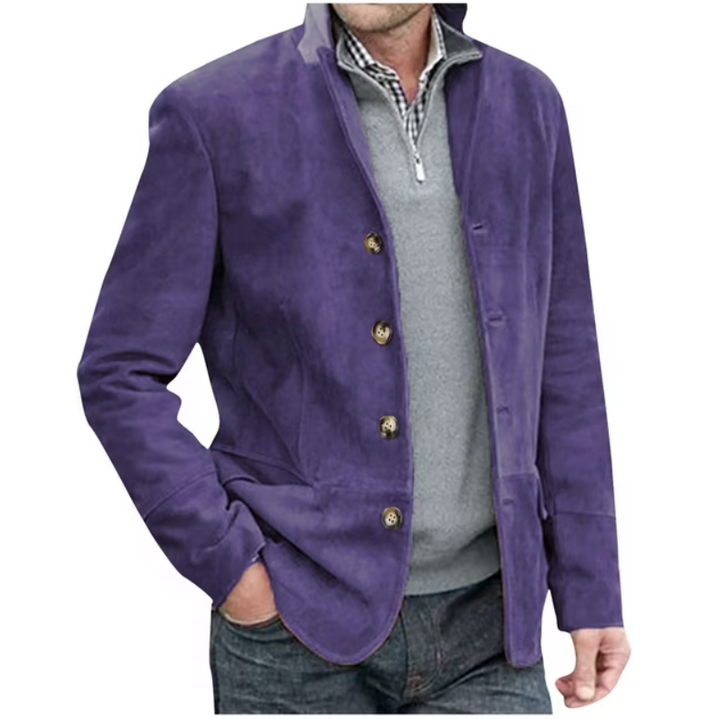 "Men's suede blazer jacket in blue and brown, elegant with button-front, perfect for casual and formal wear."