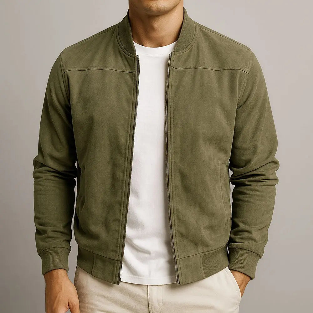 Sleek men's suede bomber jacket with ribbed trim, designed for a modern urban look. Ideal casual or smart casual outerwear.