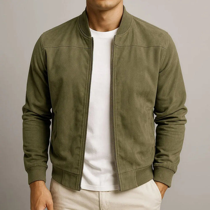 Sleek men's suede bomber jacket with ribbed trim, designed for a modern urban look. Ideal casual or smart casual outerwear.