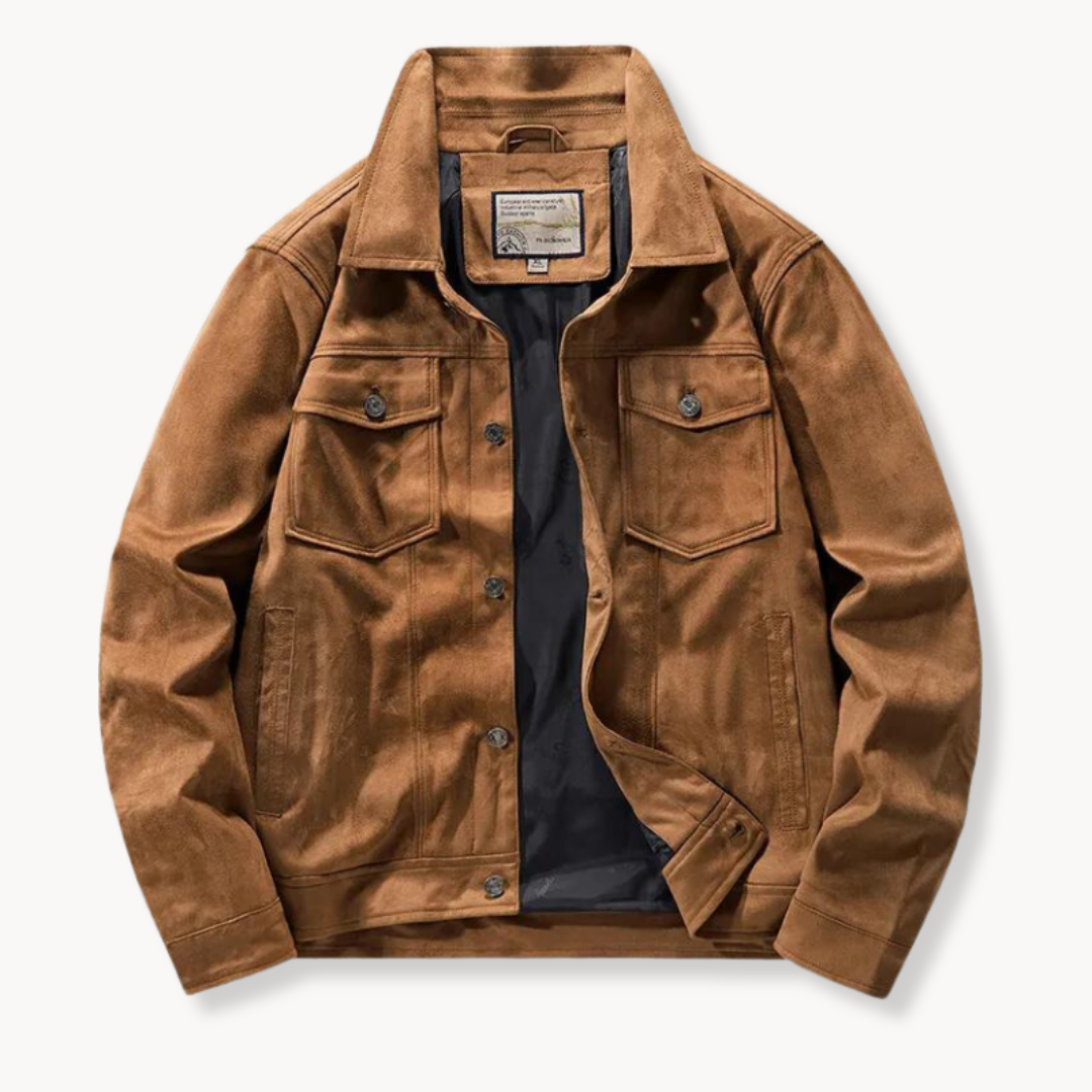 Men's suede trucker jacket with stand collar, showing rich texture and sleek design, ideal for sophisticated style.