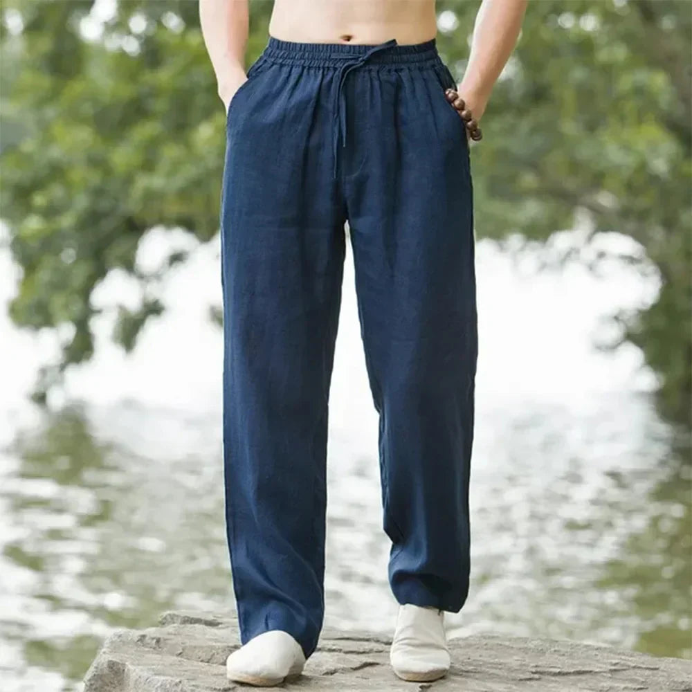 Men's summer linen pants, front view. Breathable lightweight fabric, relaxed fit with elastic waistband, perfect for casual w