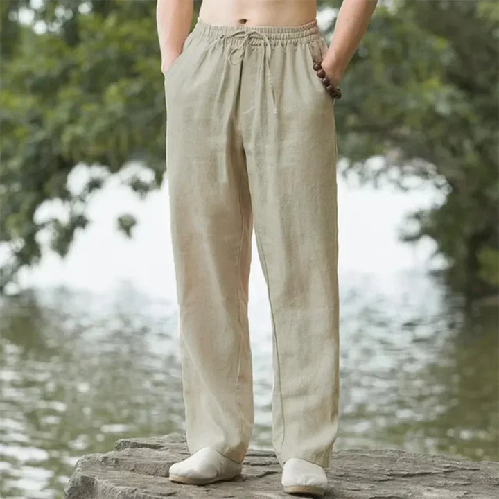 Men's summer linen pants, front view. Breathable lightweight fabric, relaxed fit with elastic waistband, perfect for casual w